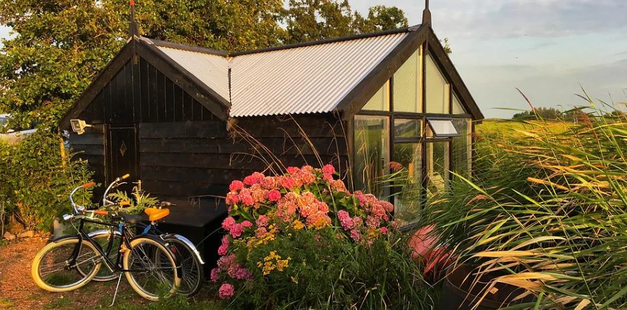 Klein huisje omringd met beplanting